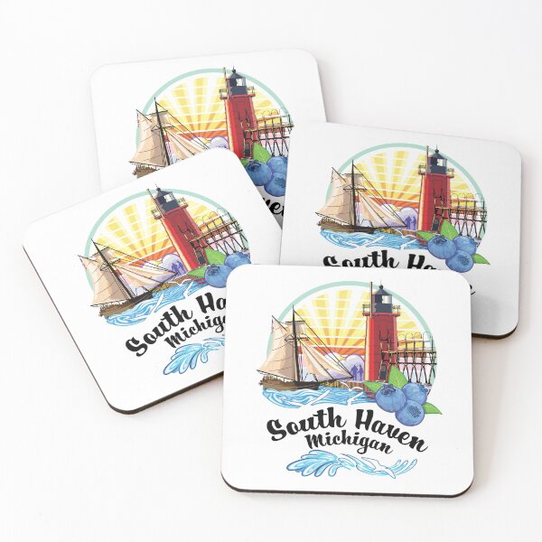 Item preview, South Haven Michigan USA Lighthouse on South Pier with Tall Ship and  Blueberries designed and sold by SunNoonPark.