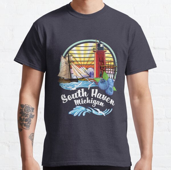 South Haven Michigan USA Lighthouse on South Pier with Tall Ship and Blueberries Classic T-Shirt