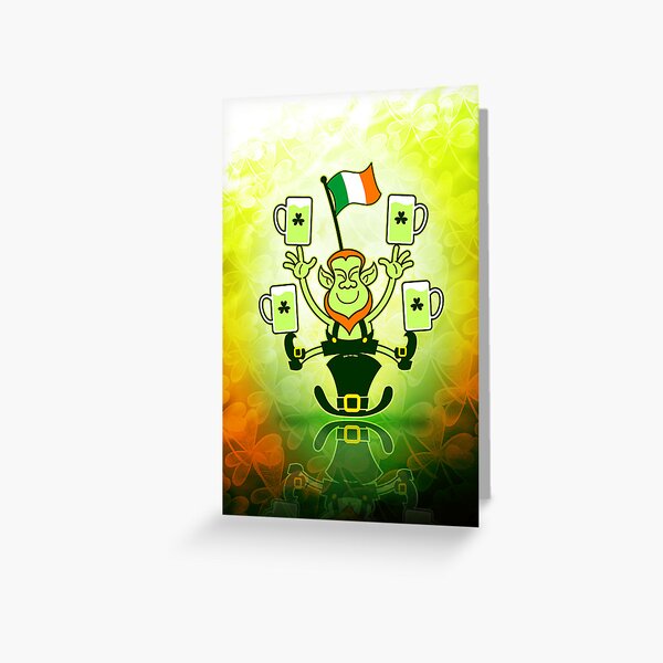 Leprechaun Juggling Beers and Irish Flag Greeting Card