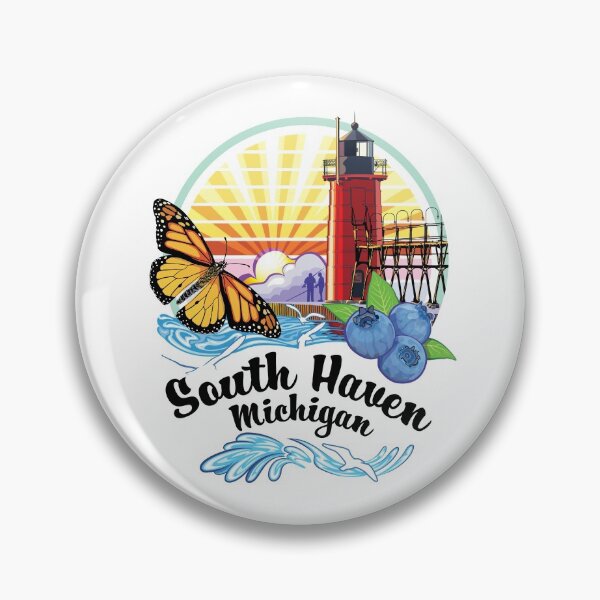 Item preview, South Haven Michigan USA Lighthouse on South Beach Pier with Monarch Butterfly and Blueberries designed and sold by SunNoonPark.