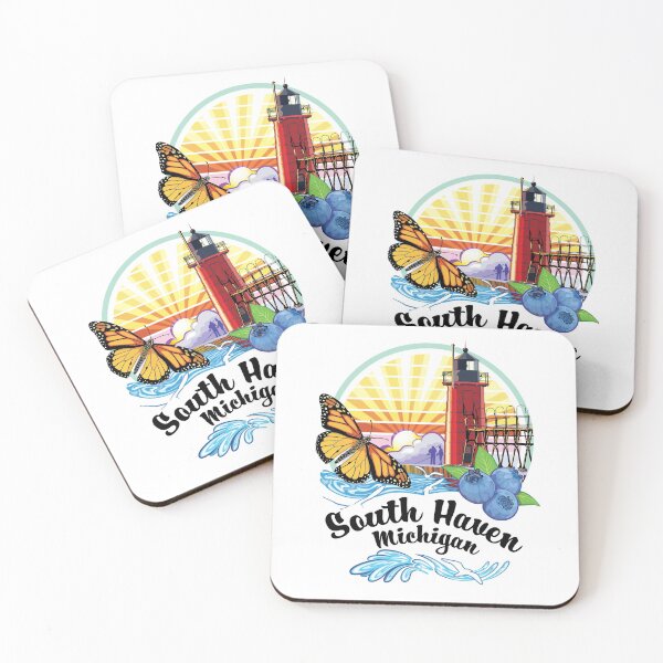 Item preview, South Haven Michigan USA Lighthouse on South Beach Pier with Monarch Butterfly and Blueberries designed and sold by SunNoonPark.
