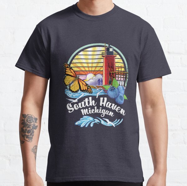 South Haven Michigan USA Lighthouse on South Beach Pier with Monarch Butterfly and Blueberries Classic T-Shirt