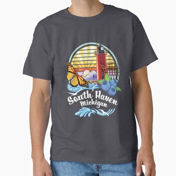 Item preview, South Haven Michigan USA Lighthouse on South Beach Pier with Monarch Butterfly and Blueberries designed and sold by SunNoonPark.