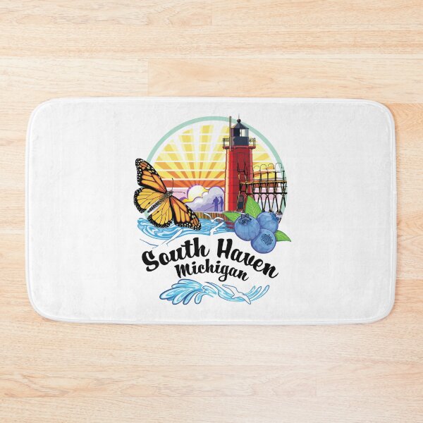 Item preview, South Haven Michigan USA Lighthouse on South Beach Pier with Monarch Butterfly and Blueberries designed and sold by SunNoonPark.