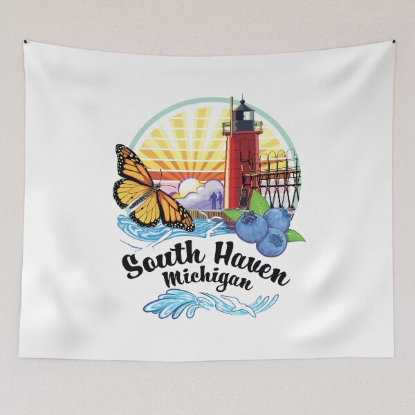 Item preview, South Haven Michigan USA Lighthouse on South Beach Pier with Monarch Butterfly and Blueberries designed and sold by SunNoonPark.