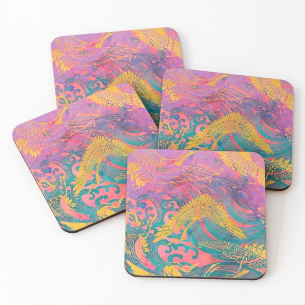 Item preview, Waves and Cranes Chinoiserie Chic Stencil Print - Pink, Emerald Green, Saffron Yellow designed and sold by AndreaHelmArt.