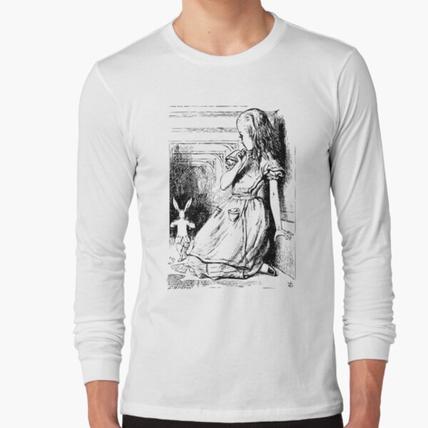 Alice in Wonderland | Giant Alice Watches Rabbit Run Away | Vintage Alice | Black and White | Long Sleeve T-Shirt