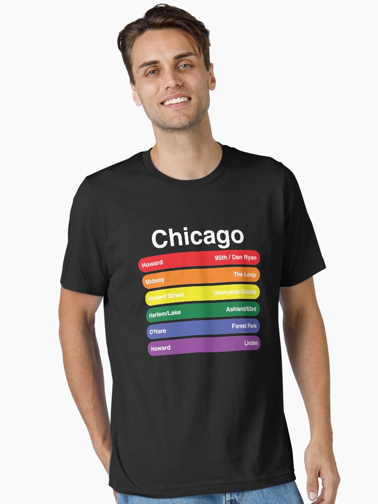 Thumbnail 1 von 7, Essential T-Shirt, Chicago Stolz Regenbogenfahne Farbe Metro Zuglinien LGBTQ designt und verkauft von goodfriendkyle.