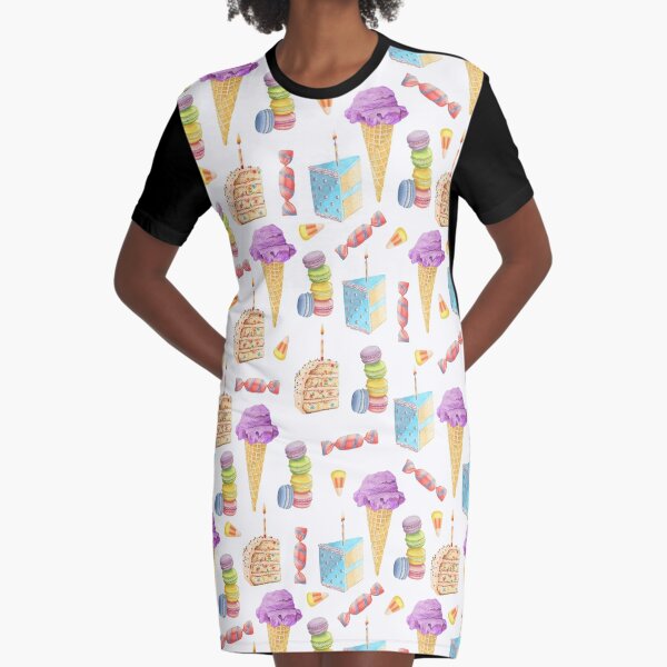 Dessert Pattern with Ice Cream, Cake, Candy, and Macaroons Graphic T-Shirt Dress