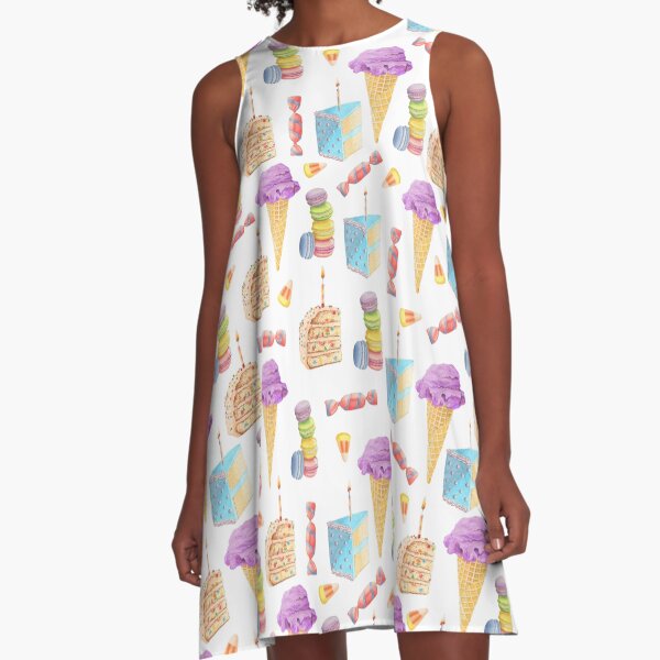 Dessert Pattern with Ice Cream, Cake, Candy, and Macaroons A-Line Dress