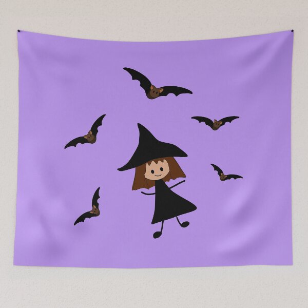 Item preview, Happy Brunette Witch Girl Dancing with Bats  (purple background) designed and sold by nutmegfairy.