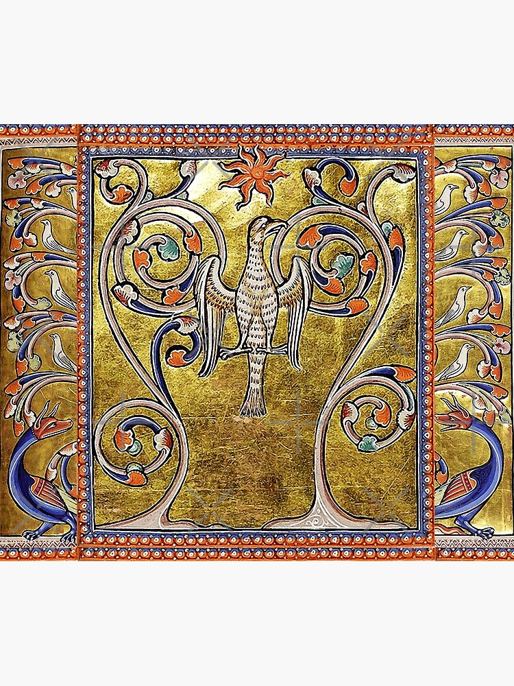 MEDIEVAL BESTIARY,PHOENIX,TREE OF LIFE ,BIRDS,DRAGONS FANTASTIC ANIMALS IN GOLD RED BLUE COLORS by BulganLumini