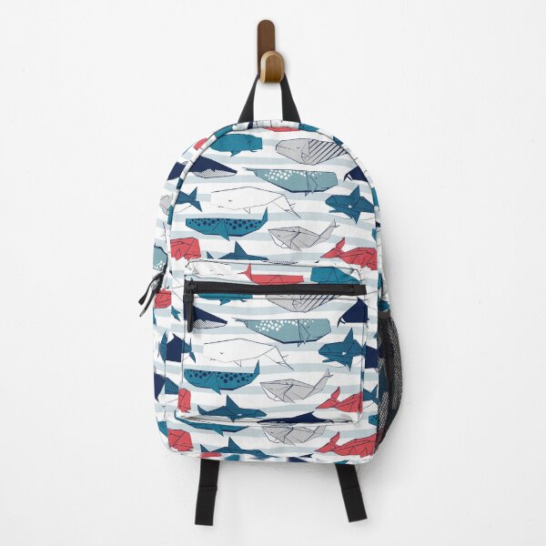 Item preview, Origami Sea // white and blue nautical stripes background teal white grey and red whales designed and sold by SelmaCardoso.