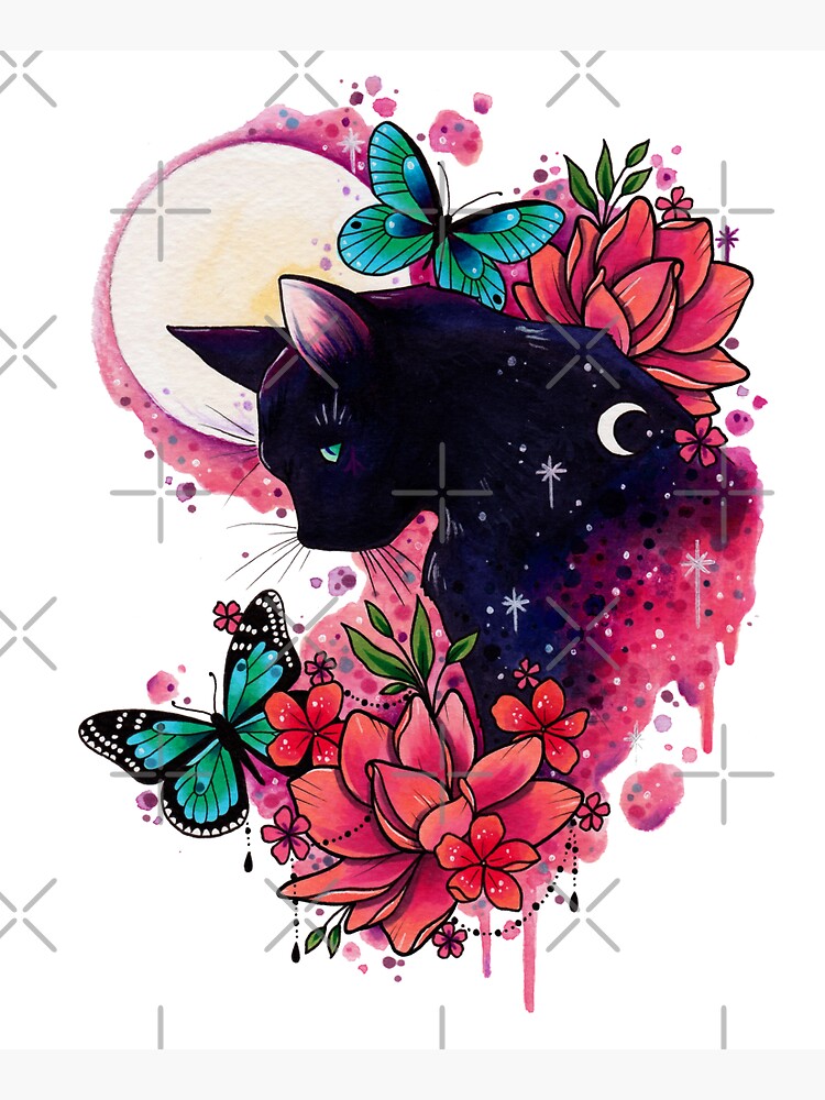 Midnight Cat watercolor design by lornalaine