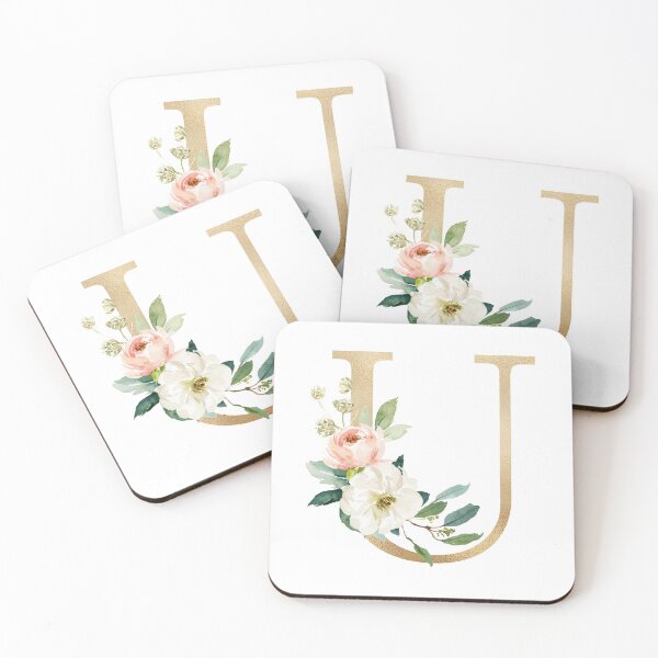 Item preview, Monogram letter  U- Faux gold foil and pink and white flowers and green leaves designed and sold by Citronelladesig.