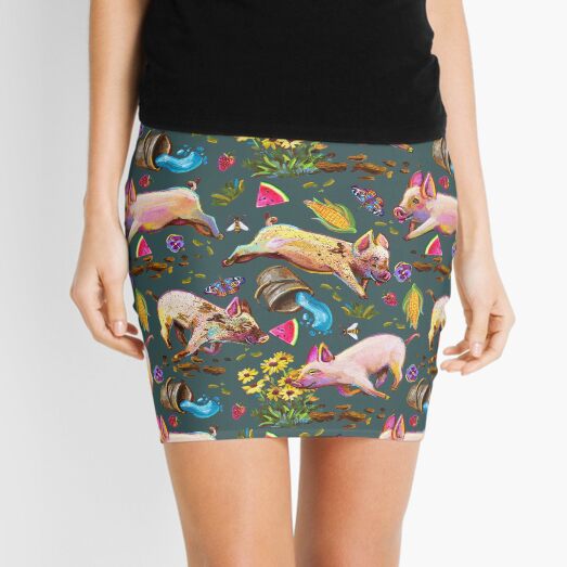 Super Cute Pig Ruckus Pattern on Teal Mini Skirt