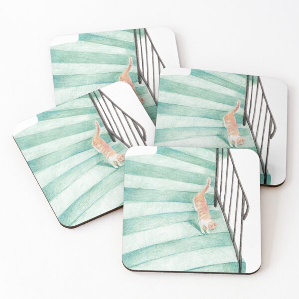 Fluffy Cat Going Down the Stairs Coasters (Set of 4)