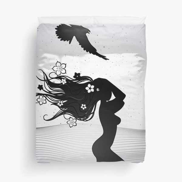 the silhouette of a woman with long hair decorated with flowers Duvet Cover