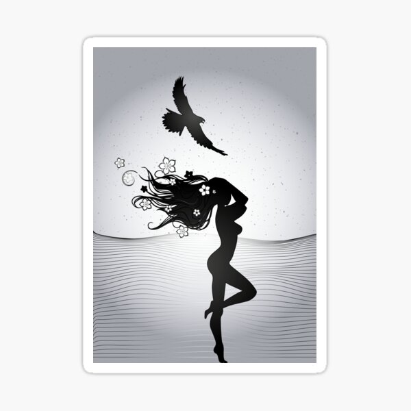 the silhouette of a woman with long hair decorated with flowers Sticker