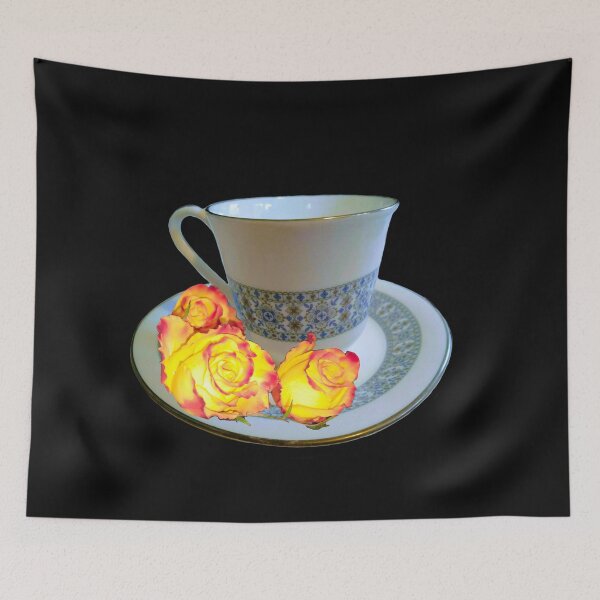 Item preview, Fancy a cup of tea ? - saying with teacup, saucer and yellow roses with red tips designed and sold by Artonmytee.