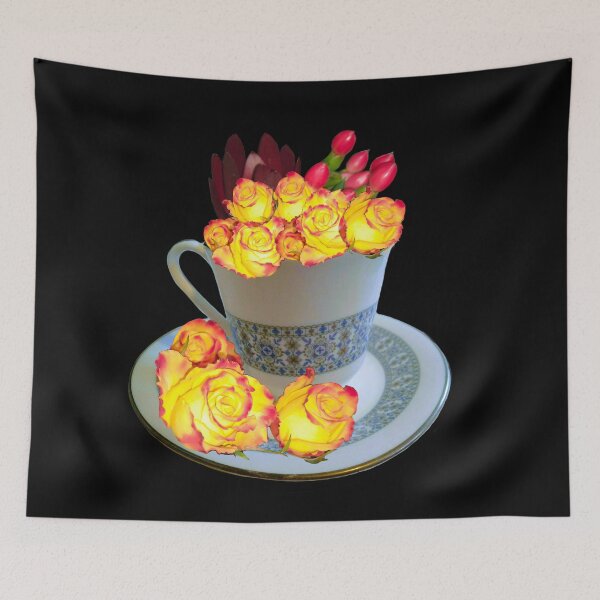 Item preview, Neon roses dark - floral bouquet in fine china tea cup with saucer,  yellow roses with red tips designed and sold by Artonmytee.