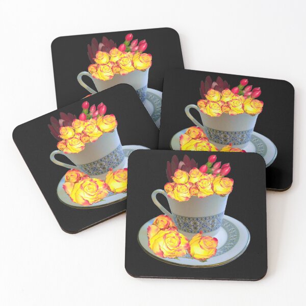 Item preview, Neon roses dark - floral bouquet in fine china tea cup with saucer,  yellow roses with red tips designed and sold by Artonmytee.