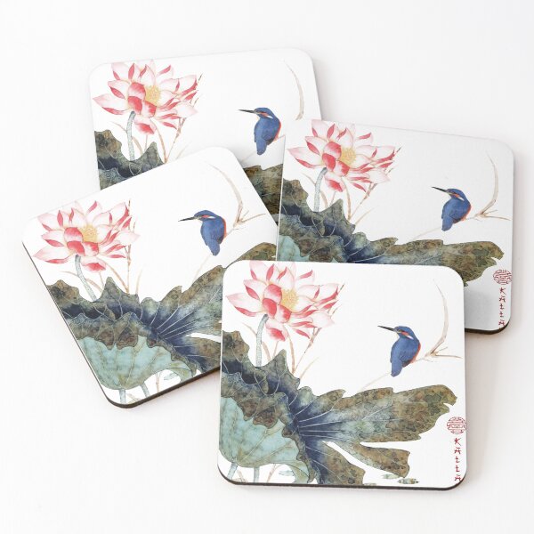 Item preview, Chinese Art Print - Lotus Stems Water Lilies Kingfisher designed and sold by Kallandra.