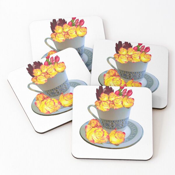Item preview, Neon roses light - floral bouquet in fine china tea cup with saucer,  yellow roses with red tips designed and sold by Artonmytee.