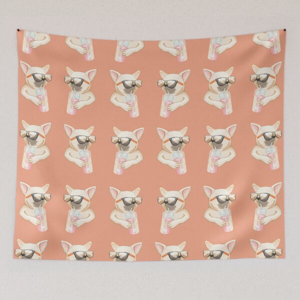 Item preview, French bulldog with sunglasses drinking juice pattern designed and sold by Sofia Dimitriadou.