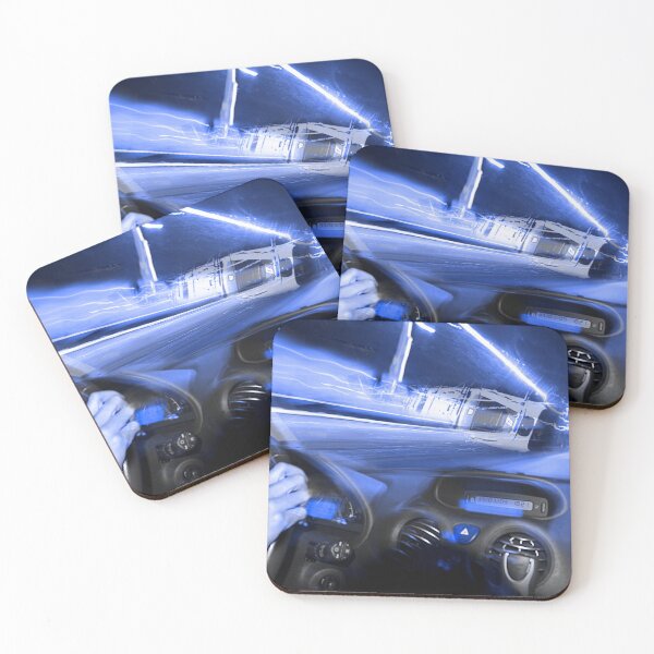 Item preview, Motorist drives at night. Suddenly, derailed train falls on the road, monochromatic blue  designed and sold by Flavio Vieri.