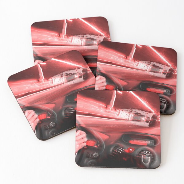 Item preview, Motorist drives at night. Suddenly, derailed train falls on road monochromatic red designed and sold by Flavio Vieri.