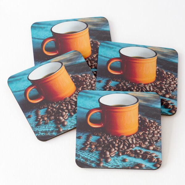 Item preview, coffee lovers orange cup roasted ground coffee on turquoise  table designed and sold by lordthebeard.