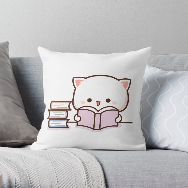 Peach and Goma Mochi Cat Reading Throw Pillow