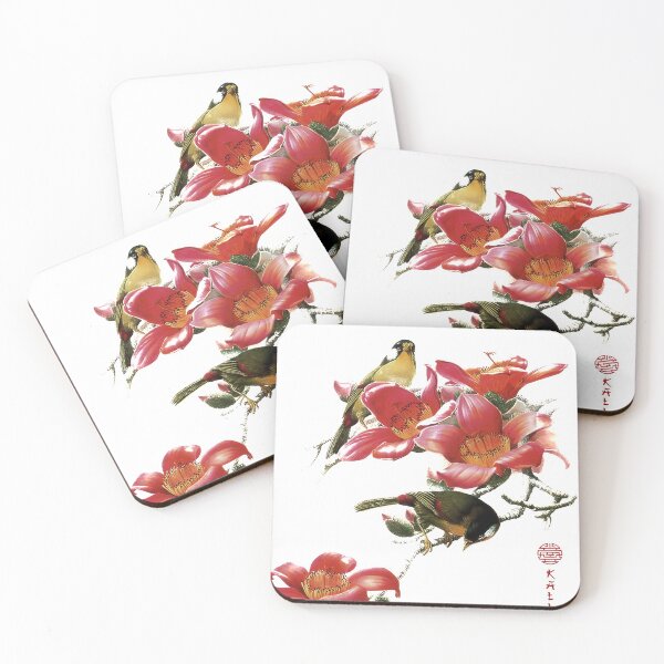 Item preview,  branch with red flowers. Ink painting as art print - branch with little birds. designed and sold by Kallandra.