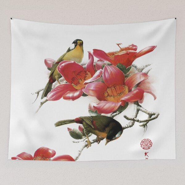 Item preview,  branch with red flowers. Ink painting as art print - branch with little birds. designed and sold by Kallandra.