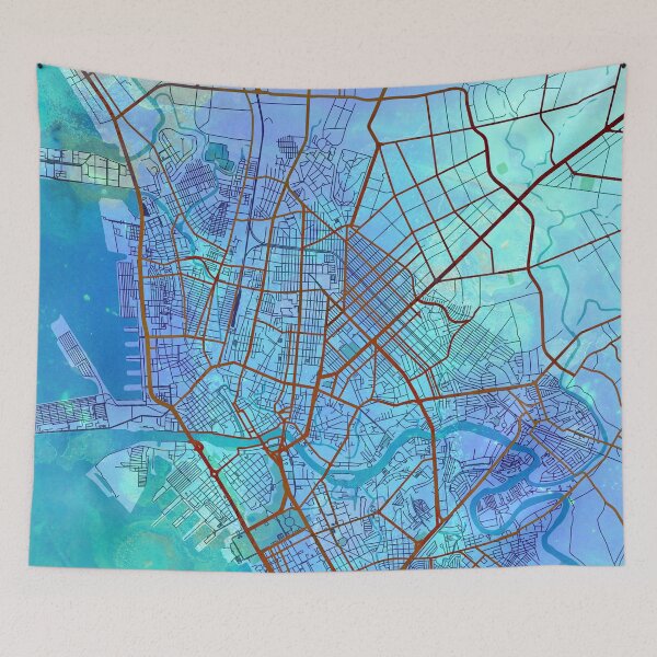 Aperçu de l'œuvre Carte des rues de Manille aux Philippines en aquarelle bleue créée et vendue par IvonDesign.