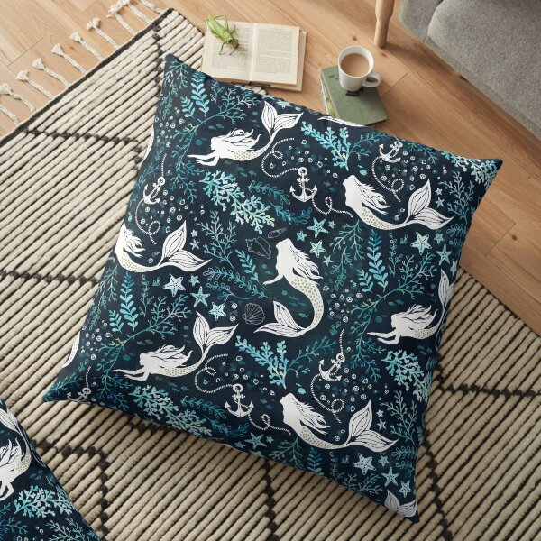 poissons et algues dans des tons de bleu Coussin de sol