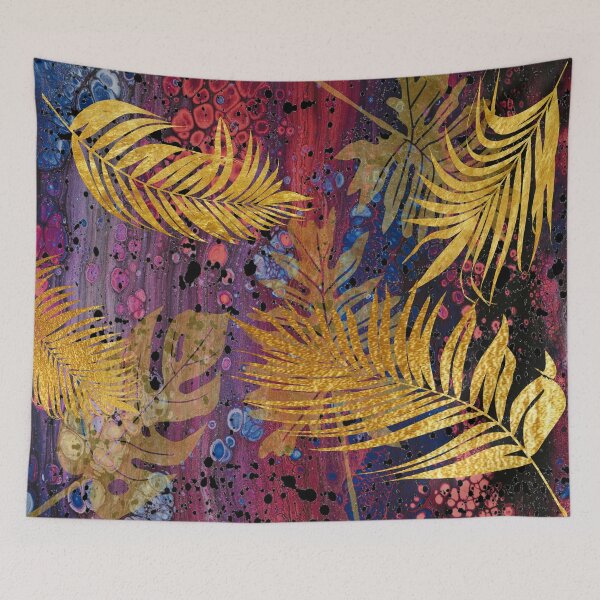 Item preview, Gold palm leaves on a red background. redecorate, refurbish, nature designed and sold by jayne0524.