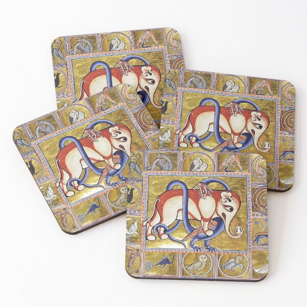 Item preview, MEDIEVAL BESTIARY COMBAT, DRAGON AND  ELEPHANT, FANTASTIC ANIMALS IN GOLD RED BLUE COLORS designed and sold by BulganLumini.