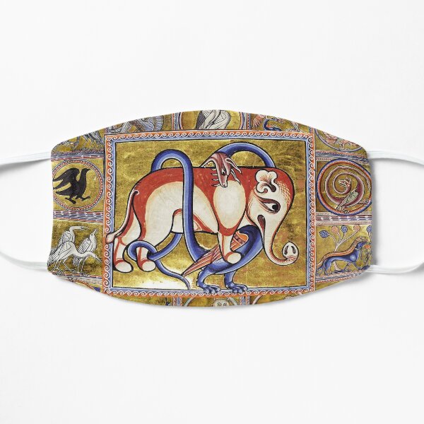 MEDIEVAL BESTIARY COMBAT, DRAGON AND ELEPHANT, FANTASTIC ANIMALS IN GOLD RED BLUE COLORS Mask
