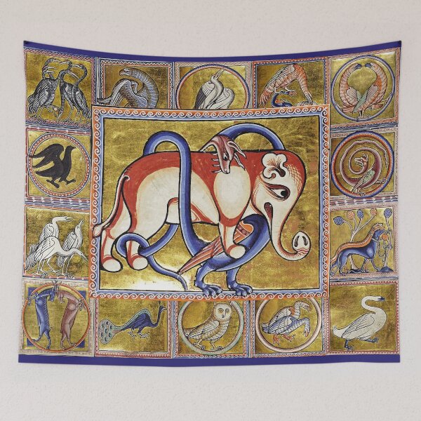 Item preview, MEDIEVAL BESTIARY COMBAT, DRAGON AND  ELEPHANT, FANTASTIC ANIMALS IN GOLD RED BLUE COLORS designed and sold by BulganLumini.