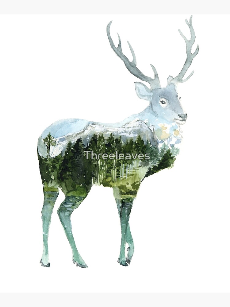 Watercolor Landscape Deer by Threeleaves