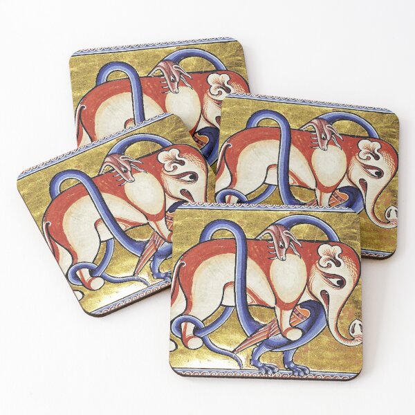 Item preview, MEDIEVAL BESTIARY DRAGON COMBATTING WITH ELEPHANT, FANTASTIC ANIMALS IN GOLD RED BLUE COLORS designed and sold by BulganLumini.