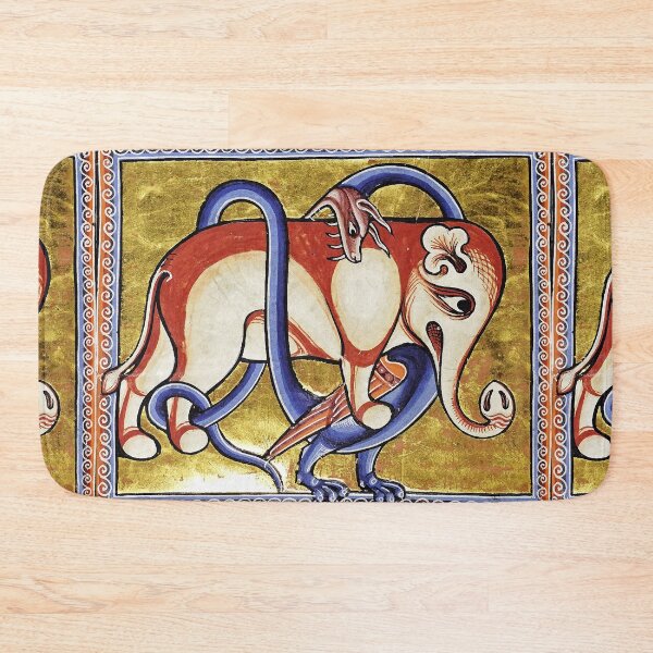 Item preview, MEDIEVAL BESTIARY DRAGON COMBATTING WITH ELEPHANT, FANTASTIC ANIMALS IN GOLD RED BLUE COLORS designed and sold by BulganLumini.