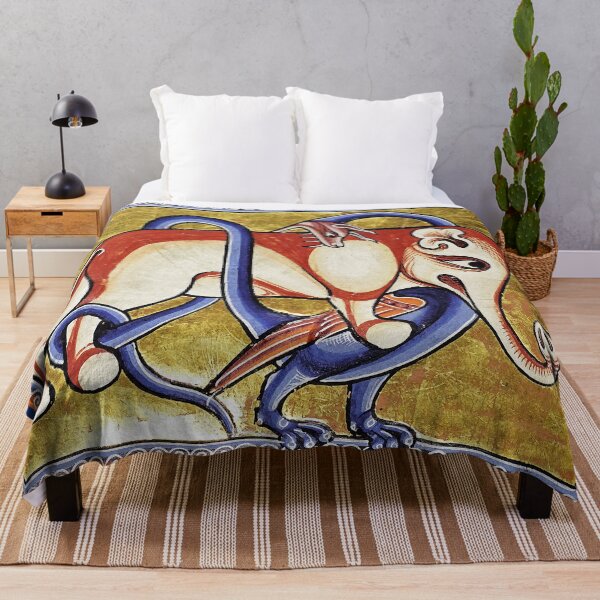 Item preview, MEDIEVAL BESTIARY DRAGON COMBATTING WITH ELEPHANT, FANTASTIC ANIMALS IN GOLD RED BLUE COLORS designed and sold by BulganLumini.