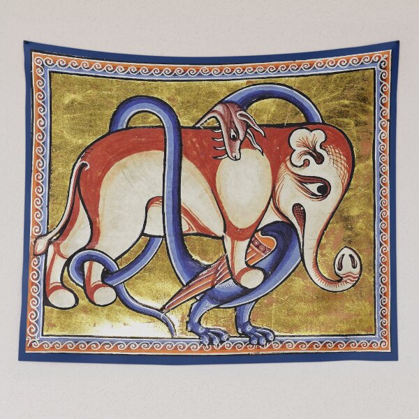 Item preview, MEDIEVAL BESTIARY DRAGON COMBATTING WITH ELEPHANT, FANTASTIC ANIMALS IN GOLD RED BLUE COLORS designed and sold by BulganLumini.