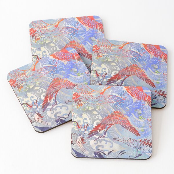 Item preview, Waves and Cranes Chinoiserie Chic Stencil in Red, Blue, Gray designed and sold by AndreaHelmArt.