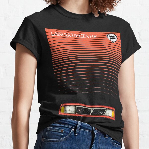 Elegante y espectacular portada del folleto para el automóvil de alto rendimiento Lancia Delta HF de los años 80 y 90.
El diseño está disponible en cualquier color de camisa. Camiseta clásica