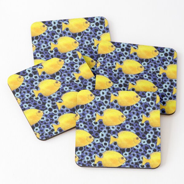 Item preview, Tropical Yellow Fish Indigo Coral Reef Pattern designed and sold by Michelebuttons.