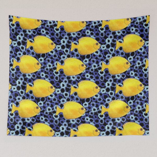 Item preview, Tropical Yellow Fish Indigo Coral Reef Pattern designed and sold by Michelebuttons.